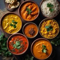 Indien nourriture délices currys et riz sélection. génératif ai photo