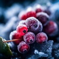 congelé baies sur la glace avec sélectif se concentrer. génératif ai photo