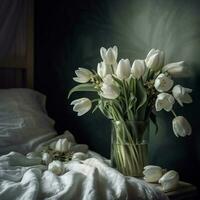 élégant fleurit blanc tulipe bouquet sur le lit. ai photo