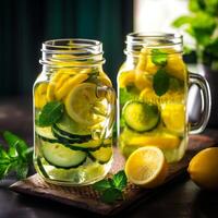 désintoxication l'eau avec citron et concombre dans verre bocaux. génératif ai photo