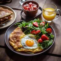 en bonne santé petit déjeuner omelette, salade, jus, café. génératif ai photo