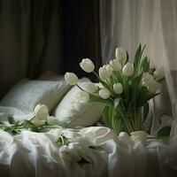 élégant fleurit blanc tulipe bouquet sur le lit. ai photo