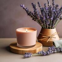 Naturel la cire bougie avec vide étiquette et petit vase. génératif ai photo