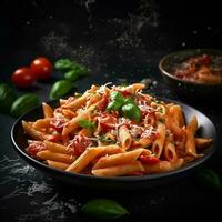 Penne Pâtes avec tomate sauce et Parmesan fromage. ai photo