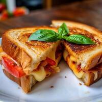 grillé fromage sandwich avec tomate et basilic. génératif ai photo