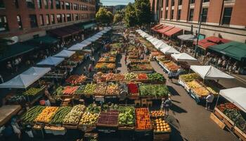 Frais des fruits et des légumes vendu par marché vendeurs dans ville des rues généré par ai photo