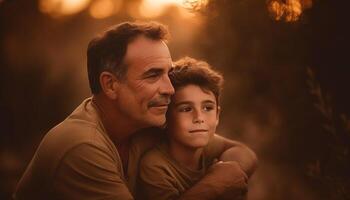 père et fils embrasse dans la nature beauté généré par ai photo