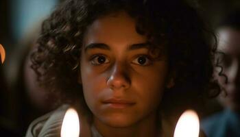 frisé aux cheveux enfant sourires, en portant bougie flamme généré par ai photo