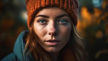 magnifique Jeune femme dans chaud tricoter chapeau généré par ai photo