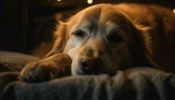 mignonne chiot mensonge bas, en train de dormir dans confort généré par ai photo