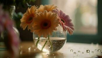 Frais tournesol bouquet sur table par fenêtre généré par ai photo