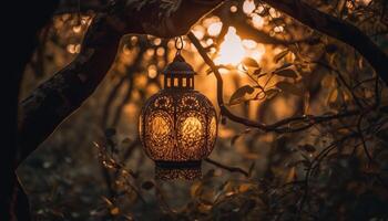 illuminé lanternes pendaison de vieux arbre branches généré par ai photo