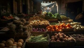 Frais biologique des fruits et des légumes pour vente à rue marché généré par ai photo