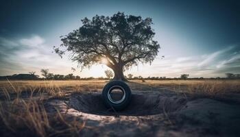 le coucher du soleil silhouette de arbre cercle dans Prairie généré par ai photo