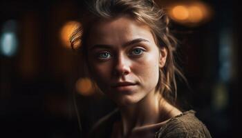 magnifique Jeune femme avec marron cheveux souriant en toute confiance généré par ai photo