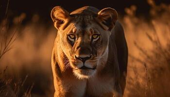 majestueux lionne regarder à le coucher du soleil sur savane généré par ai photo