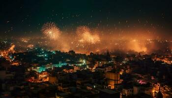 embrasé ville horizon s'enflamme vibrant feu d'artifice fête généré par ai photo