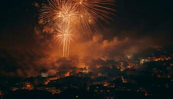 embrasé feux d'artifice éclairer ville horizon à nuit généré par ai photo