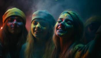 Jeune adultes souriant, profiter une coloré fête nuit généré par ai photo