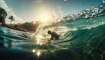 Jeune adulte surfant dans tropical Maui le coucher du soleil généré par ai photo