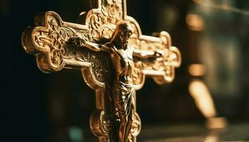 proche en haut de vieux en bois religieux traverser prier généré par ai photo