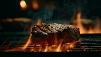 grillé aloyau steak, cuit à la perfection en plein air généré par ai photo