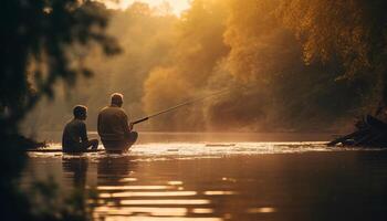 Hommes et femmes pêche ensemble à le coucher du soleil généré par ai photo