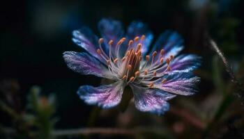 vibrant violet fleur sauvage, proche en haut avec rosée généré par ai photo