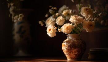 rustique fleur arrangement sur en bois table à l'intérieur généré par ai photo