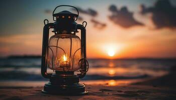 embrasé lanterne illumine romantique le coucher du soleil sur littoral généré par ai photo