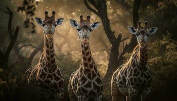 girafes permanent dans une ligne, à la recherche mignonne généré par ai photo