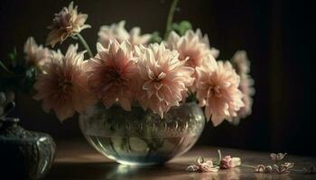 rustique vase détient coloré bouquet de chrysanthèmes généré par ai photo