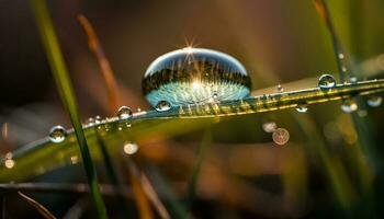 Frais vert rosée gouttes sur lame de herbe généré par ai photo