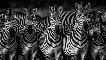 rayé zèbre troupeau dans monochrome savane beauté généré par ai photo