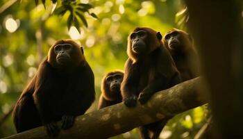 petit primate famille séance sur arbre branche généré par ai photo