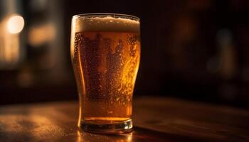 mousseux Bière verre sur bois tableau, illuminé généré par ai photo