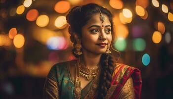 Jeune Indien femme souriant dans traditionnel sari généré par ai photo