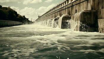 hydro-électrique Puissance station génère électricité de écoulement l'eau dans la nature généré par ai photo