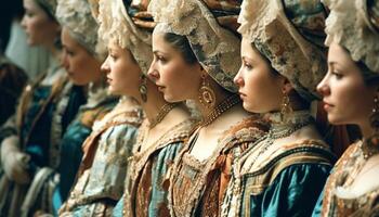 Jeune femmes dans traditionnel Vêtements parade en plein air généré par ai photo