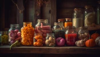 Frais biologique des légumes et des fruits sur rustique table généré par ai photo