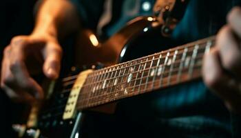 doigt cueillette cordes sur acoustique guitare proche en haut généré par ai photo