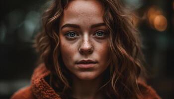 Jeune femme avec marron cheveux souriant en plein air généré par ai photo