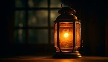 antique lanterne embrasé avec aux chandelles dans obscurité généré par ai photo