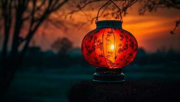 embrasé lanternes éclairer effrayant Halloween décorations en plein air généré par ai photo