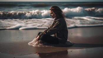 Jeune femme séance seul sur sablonneux plage généré par ai photo