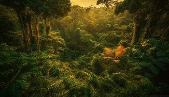 vibrant feuillage dans tropical forêt tropicale à Aube généré par ai photo