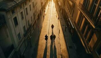 silhouettes en marchant par ville des rues à crépuscule généré par ai photo
