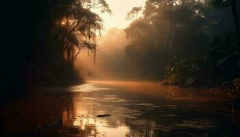 tranquille le coucher du soleil plus de forêt, l'eau reflète beauté généré par ai photo