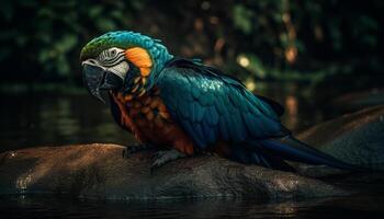 vibrant ara se percher sur branche dans forêt tropicale généré par ai photo