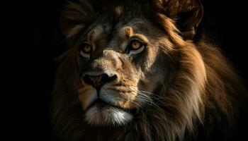 majestueux Lion en regardant, force dans la nature beauté généré par ai photo